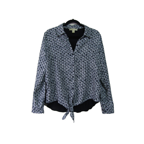 Michael Michael Kors Rayon Black Geometic Top Button Knot Top Womens size M Boho - Picture 1 of 10